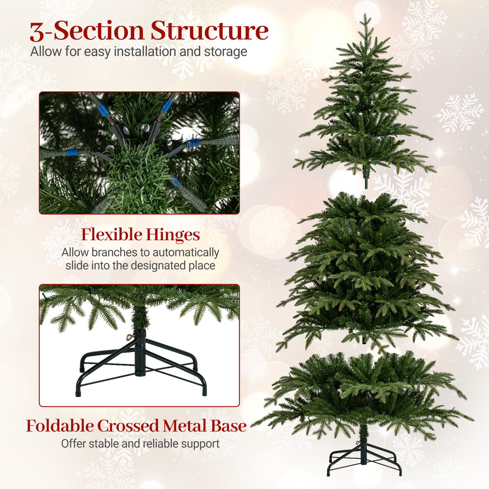 7.5 feet pre-lit artificial Christmas tree with flexible hinges and foldable metal base, perfect for festive.