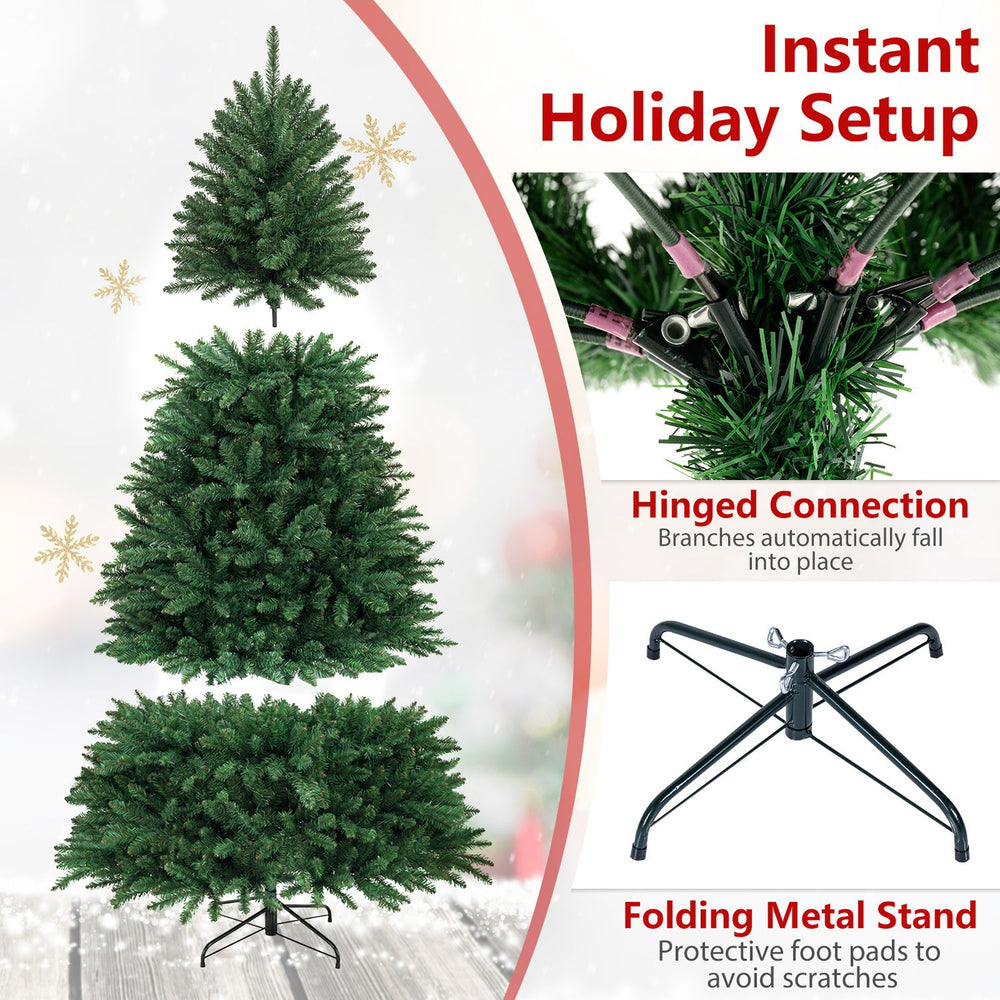 7.5 feet unlit artificial Christmas tree with 1968 branch tips, featuring a foldable metal stand for easy storage.