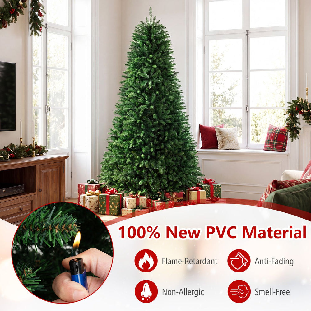 7.5 feet unlit artificial Christmas tree made of 100% new PVC material with 1968 branch tips for a festive atmosphere.