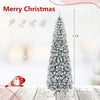 Snow-flocked 7.5 ft unlit pencil Christmas tree with 641 tips, perfect for small spaces and cozy holiday decorations.