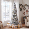 Snow-flocked 7.5 feet pencil Christmas tree with 641 tips, perfect for small spaces and cozy holiday decorations.