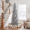 Snow-flocked 7.5 feet pencil Christmas tree with 641 tips, designed for corner placement and enhancing holiday ambiance.