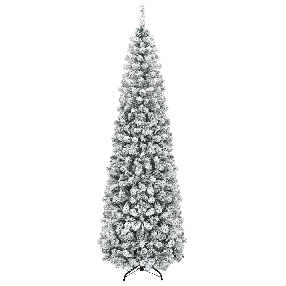 Snow flocked 7.5 feet unlit pencil Christmas tree with 641 tips, perfect for small corners and holiday decorations.