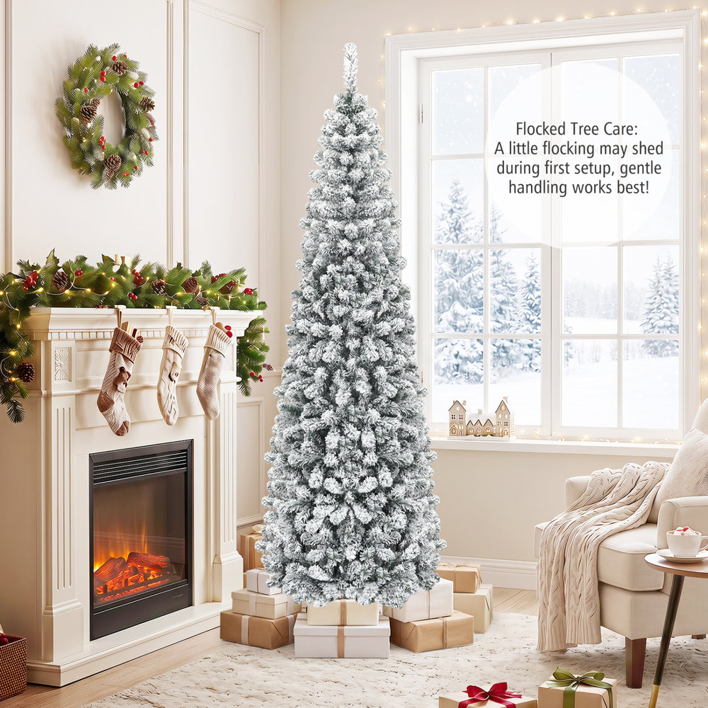 7.5 feet unlit snow flocked pencil Christmas tree with 641 tips, perfect for small corners and festive holiday decor.