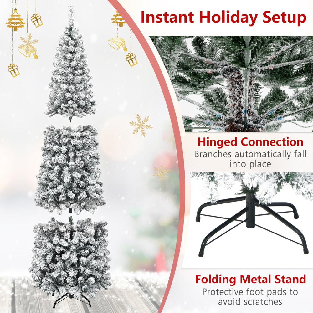 7.5 feet unlit hinged snow flocked artificial pencil Christmas tree with 641 tips, perfect for cozy holiday decorations.