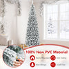 7.5 feet unlit hinged snow flocked artificial pencil Christmas tree with 641 tips, perfect for small corners and holiday decor.
