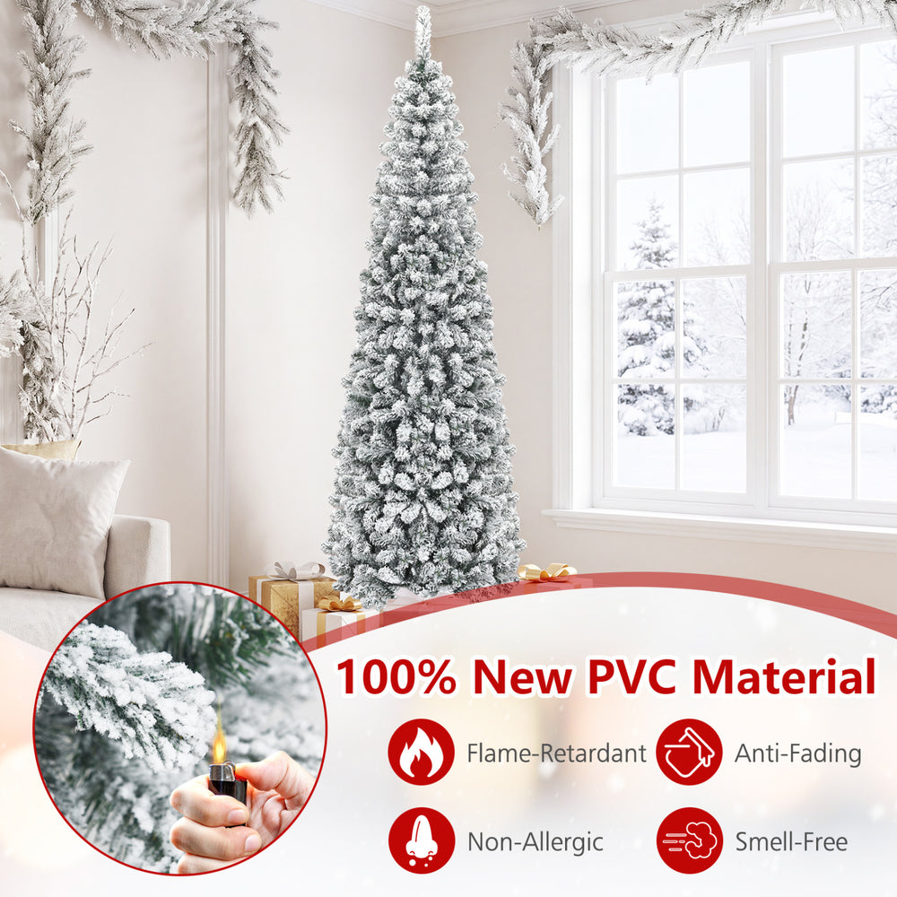 7.5 feet unlit hinged snow flocked artificial pencil Christmas tree with 641 tips, perfect for small corners and holiday decor.