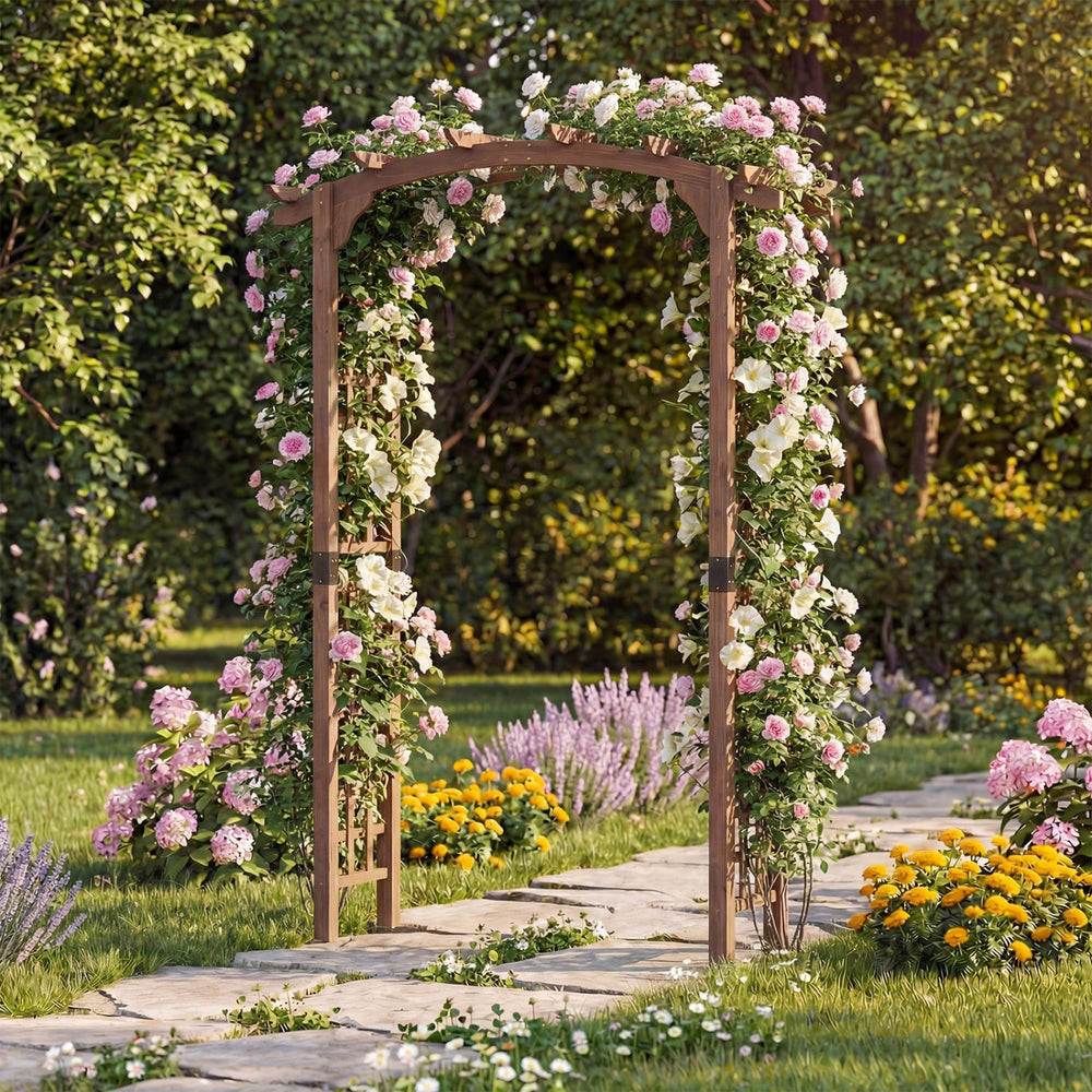 Wooden garden arch trellis in rustic brown, ideal for climbing plants and decorative displays in outdoor spaces.