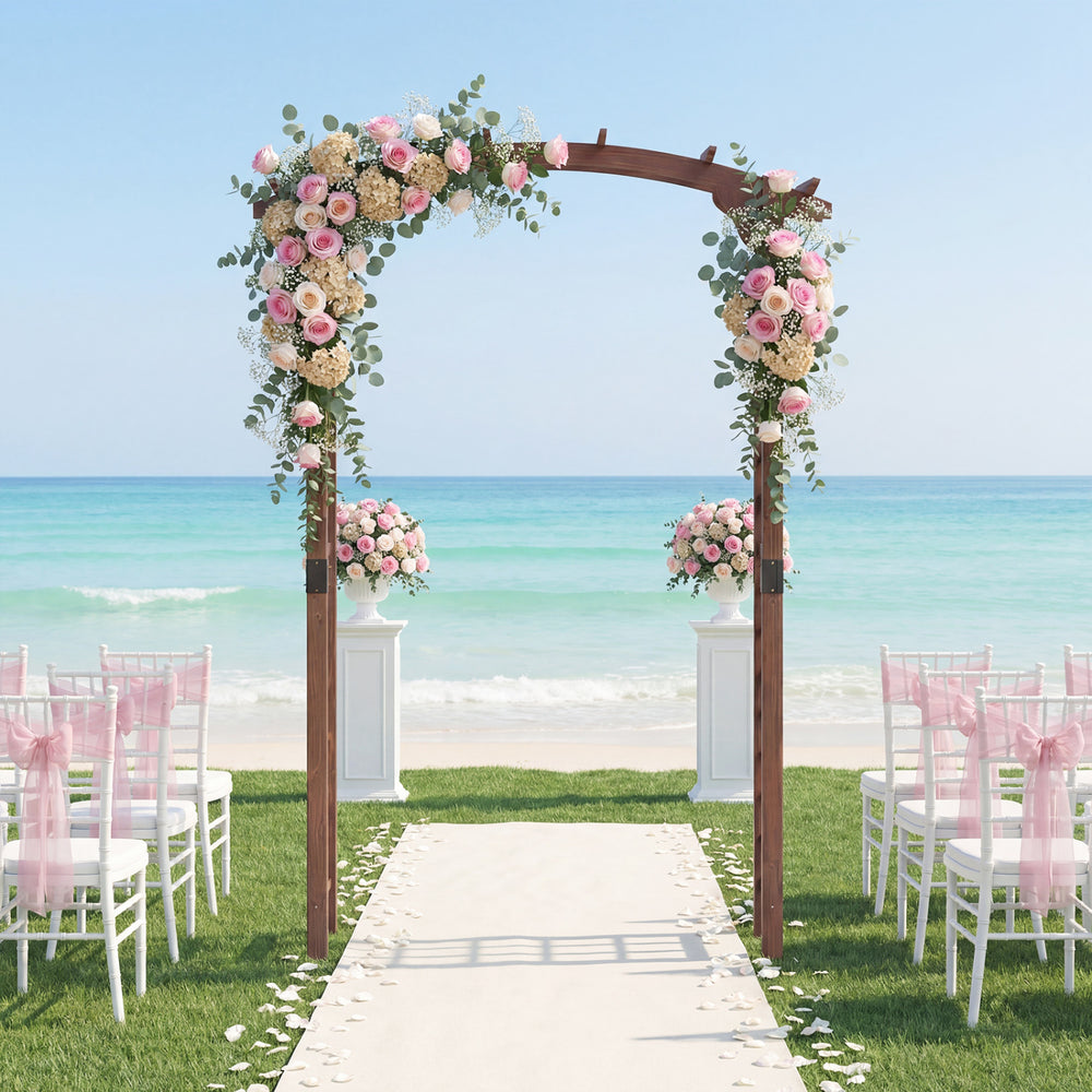 Wooden garden arch with floral decorations, perfect for weddings or outdoor events, made from durable fir wood.