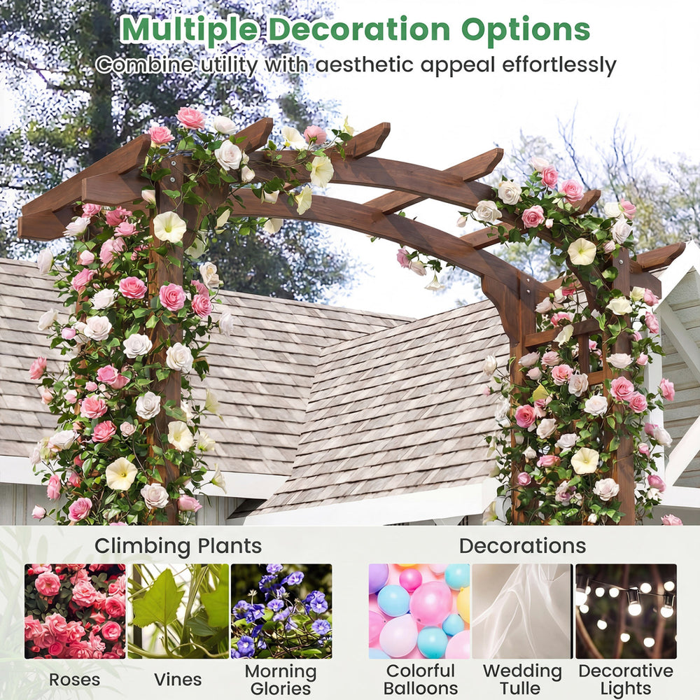 Wooden garden arch trellis for climbing plants, rustic brown finish, ideal for weddings and outdoor decoration.