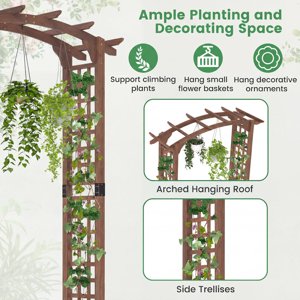 Wooden garden arch trellis in rustic brown, featuring an arched roof and side trellises for climbing plants and.