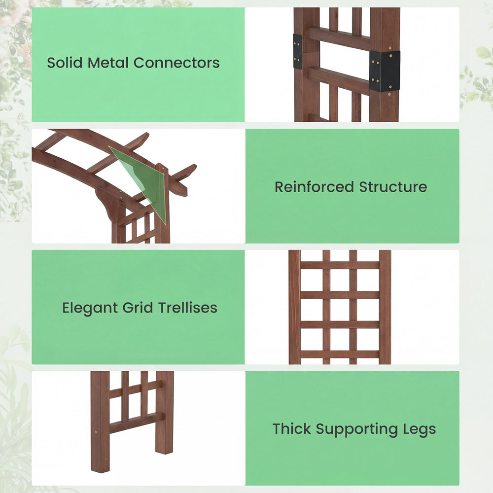 Wooden garden arch trellis with elegant grid design, solid metal connectors, and thick supporting legs for climbing.