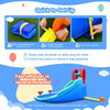Inflatable waterslide bounce house with two slides, climbing wall, and splash pool, designed for safe year-round play.