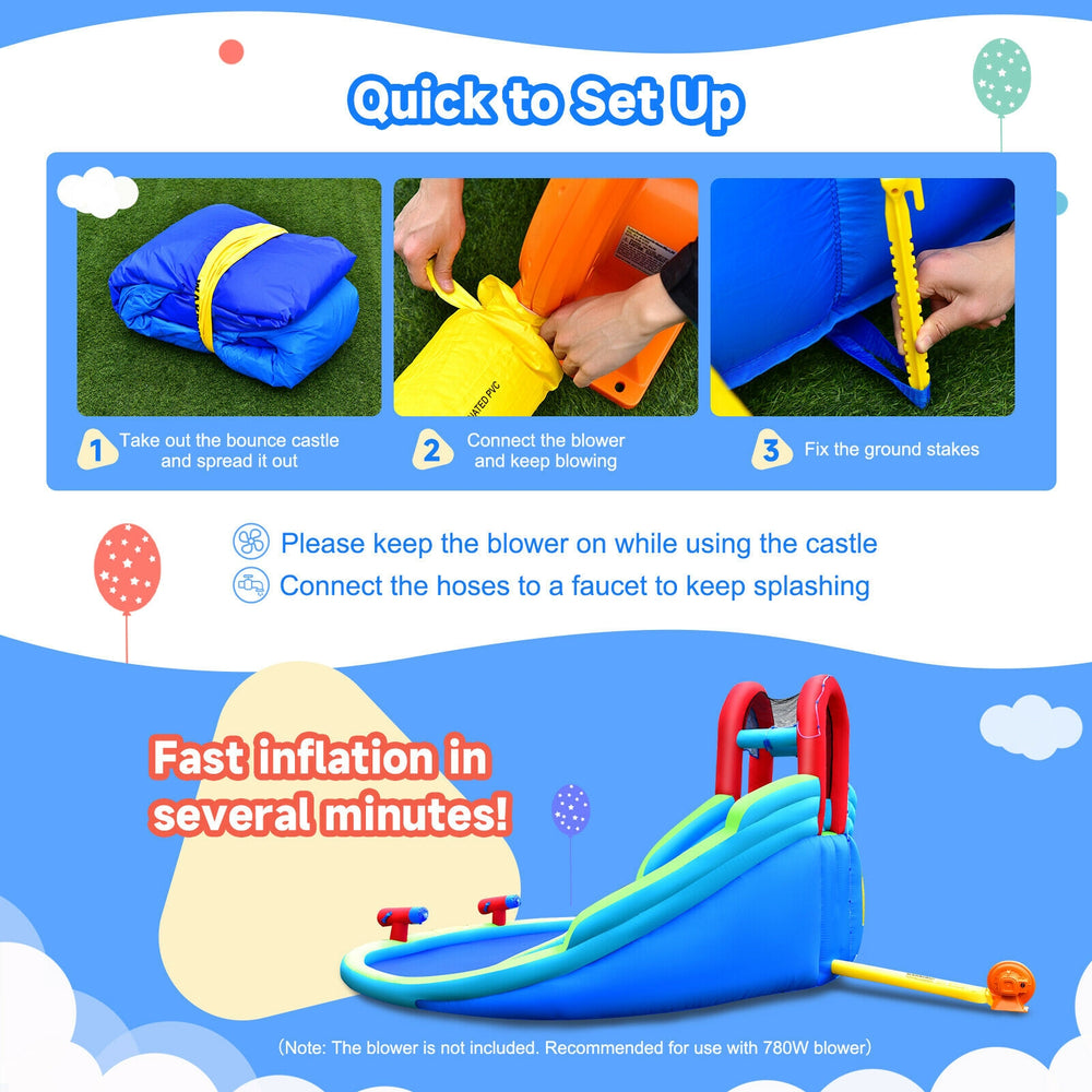 Inflatable waterslide bounce house with two slides, climbing wall, and splash pool, designed for safe year-round play.