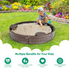 Brown sandbox with built-in corner seats and cover, perfect for outdoor play and enhancing kids' creativity.