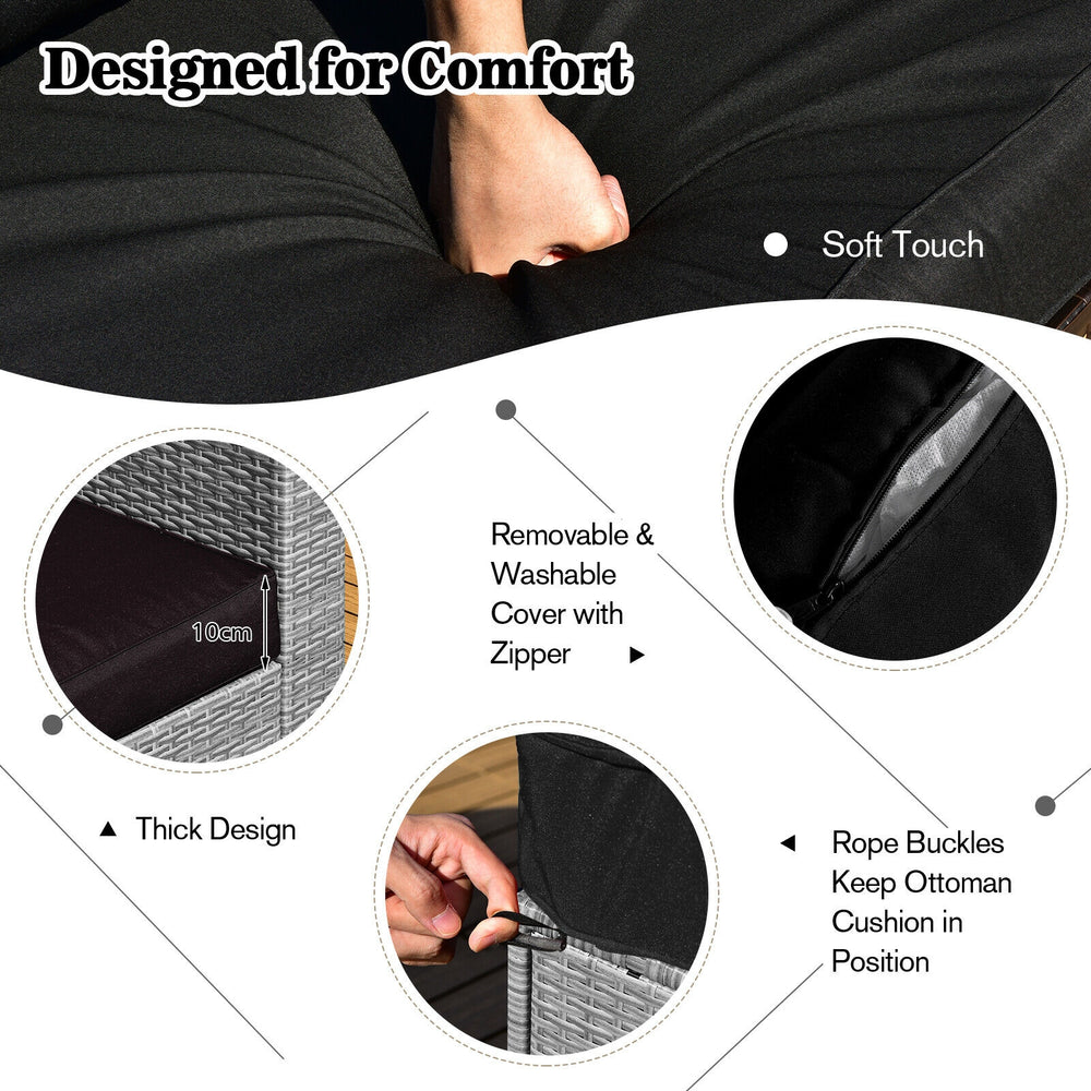 Close-up of soft, thick cushion with removable zipper cover for the 8-piece patio rattan furniture set in black.