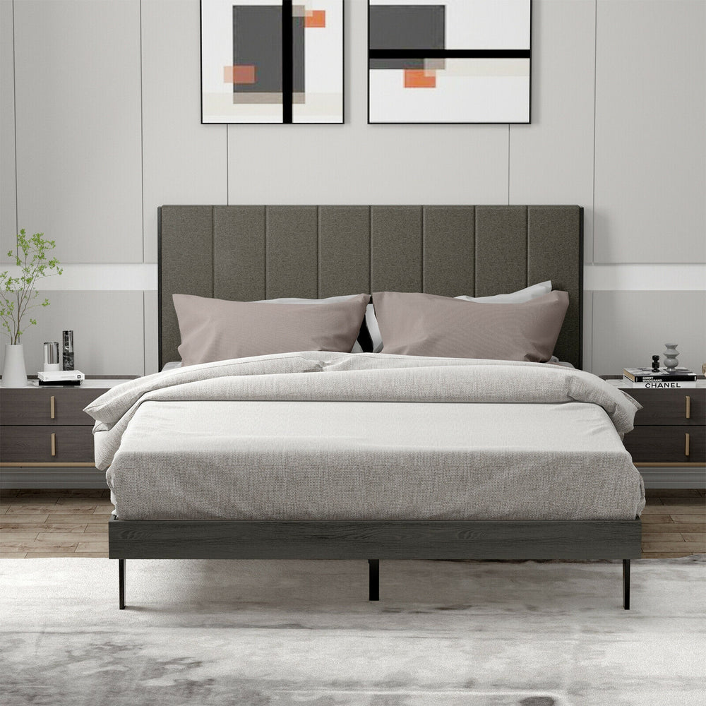 Queen size upholstered bed frame with a vertical channel tufted headboard, combining comfort with a modern design.