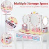 Kids vanity dressing table set with tri-fold mirror, three drawers, and two storage boxes for organizing makeup and.