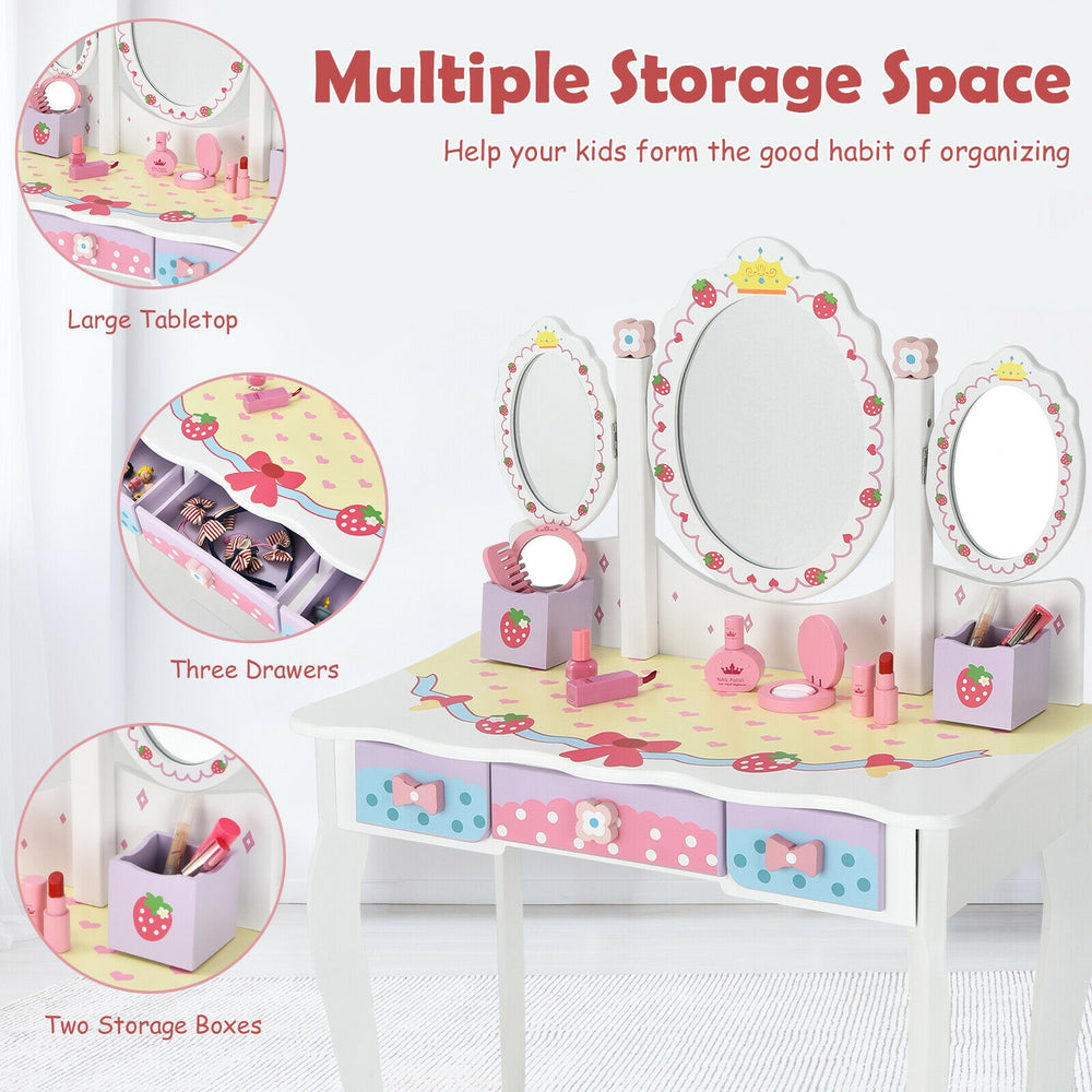 Kids vanity dressing table set with tri-fold mirror, three drawers, and two storage boxes for organizing makeup and.