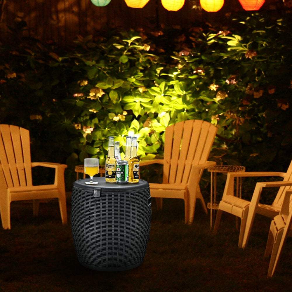 Black 4-in-1 patio rattan cool bar cocktail table with drinks, perfect for outdoor gatherings and easy to clean.