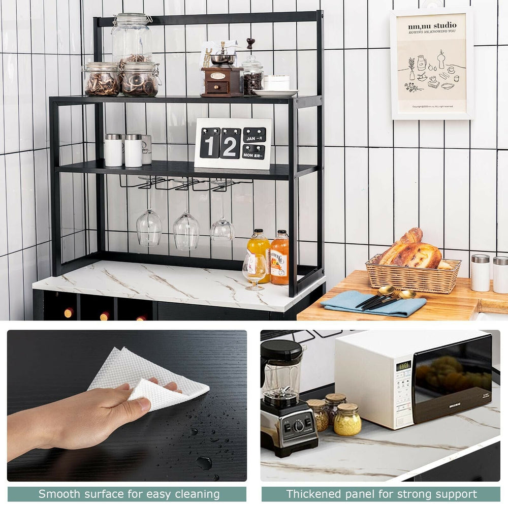 Freestanding black kitchen baker's rack with 3-tier shelves, wine glass holder, and drawer for versatile storage.
