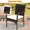 Stackable patio rattan dining chair with cushioned armrest, designed for outdoor comfort and easy maintenance.