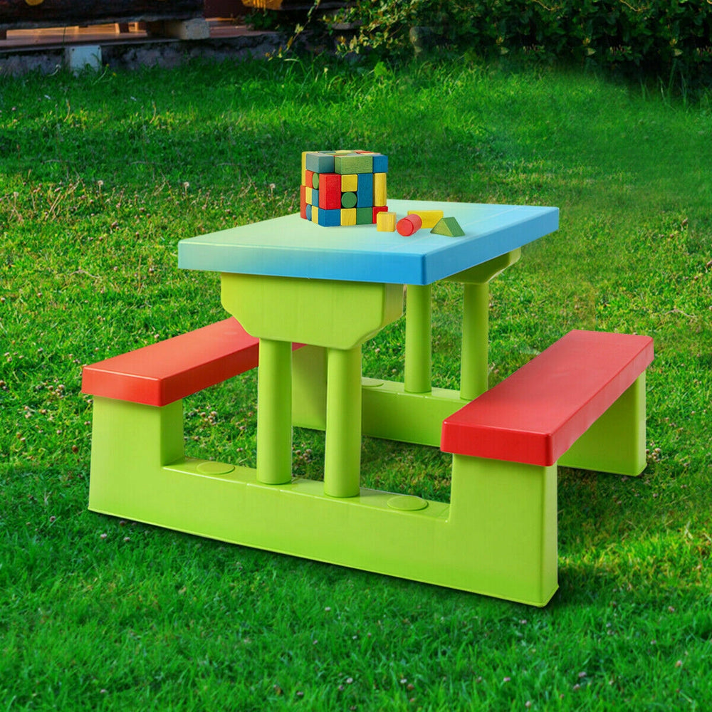 Colorful kids picnic folding table and bench set made of non-toxic PP material, perfect for outdoor play and meals.