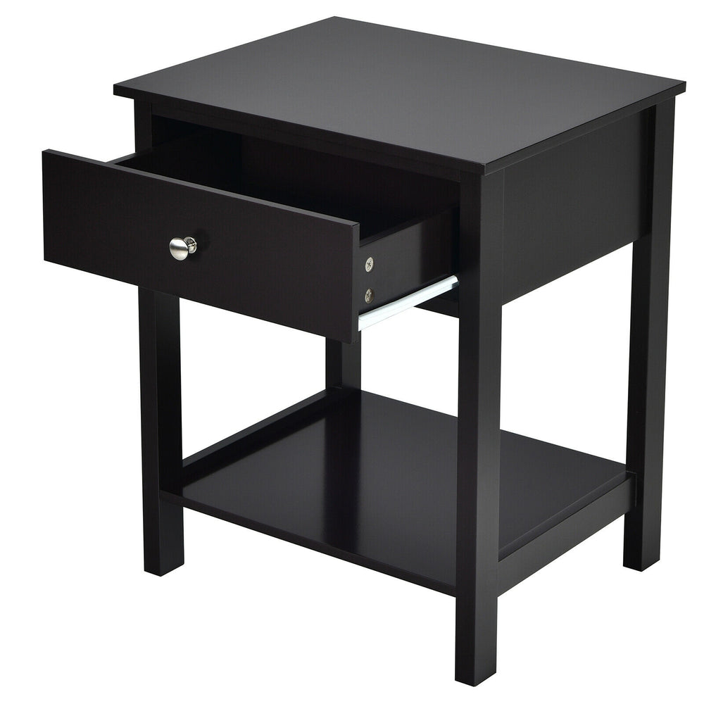 Black wooden storage shelf with drawer, featuring a round knob and smooth slide rails, ideal for easy access in small.