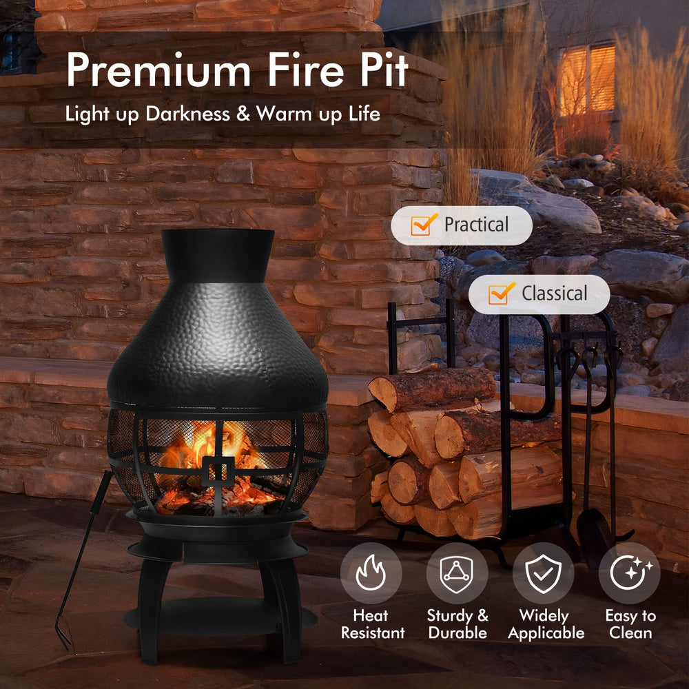 Patio wood burning chimney fireplace with heavy-duty cast iron, round roof, and mesh for outdoor use in backyard or.