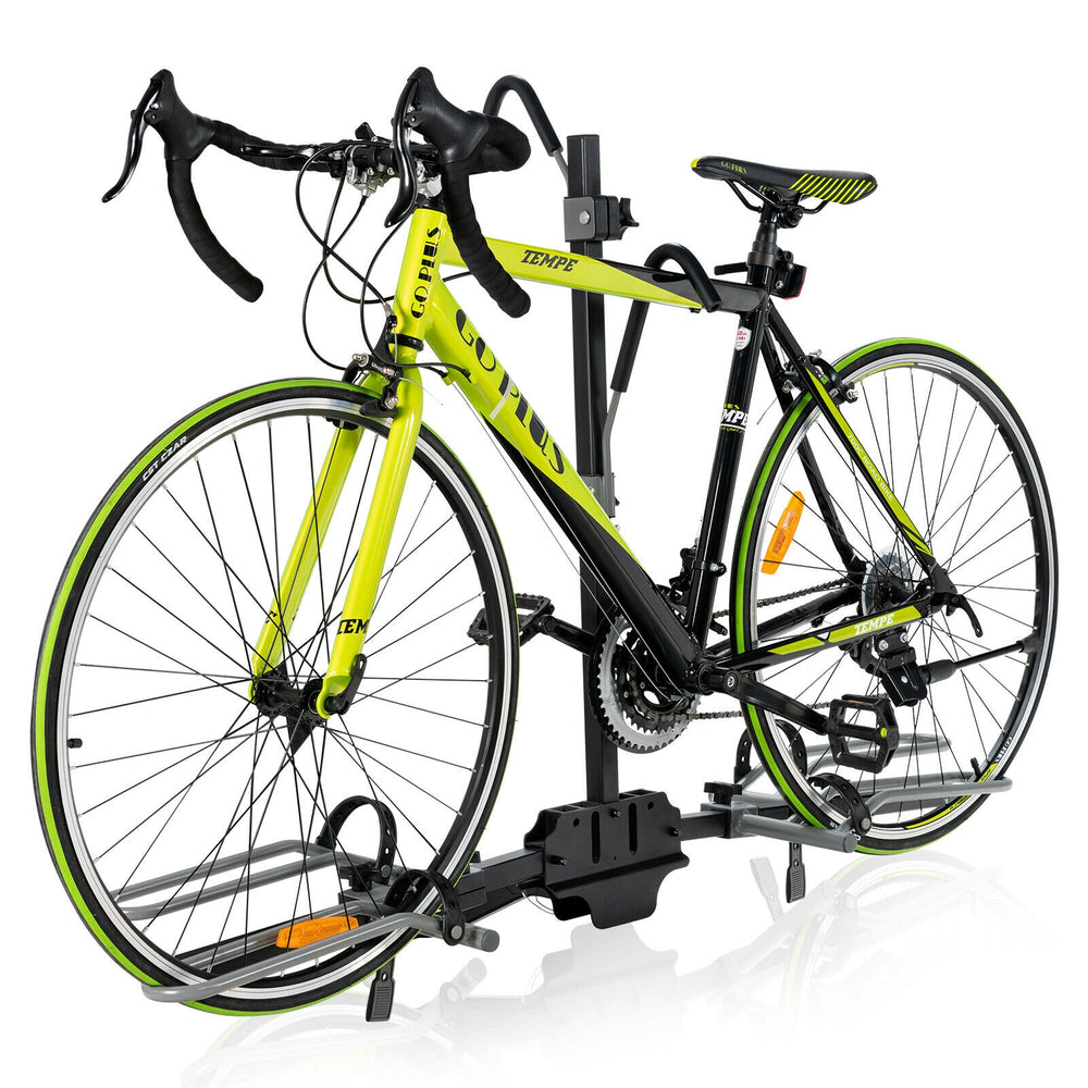 Platform style 2-bike hitch mount bike rack with adjustable wheel holders for 1-1/4" and 2" receivers.