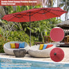 Double-sided dark red patio umbrella with 15.4' canopy and 48 solar LED lights, perfect for outdoor gatherings.
