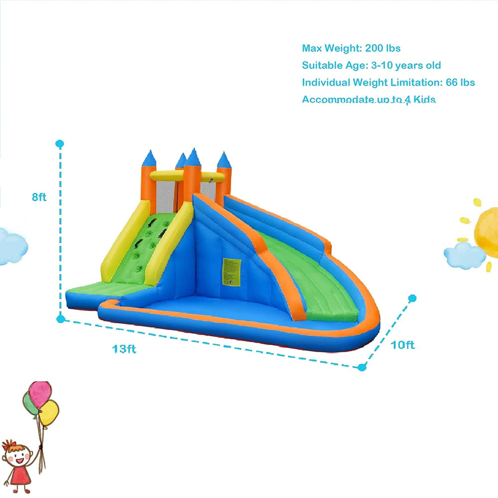Inflatable water slide showing the vibrant colors and spacious design, suitable for up to 4 kids for outdoor enjoyment.