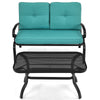 Turquoise cushioned loveseat and black coffee table set, perfect for outdoor patio or garden relaxation.