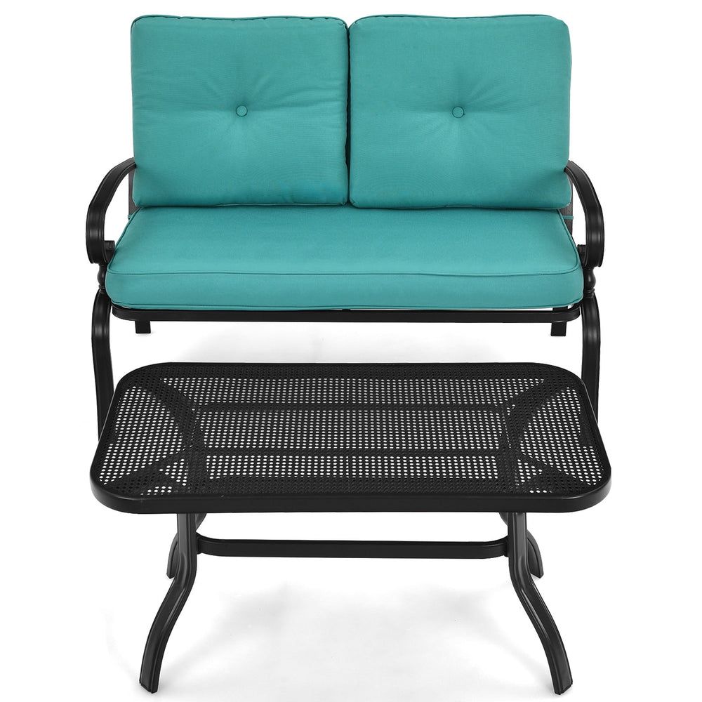 Turquoise cushioned loveseat and black coffee table set, perfect for outdoor patio or garden relaxation.