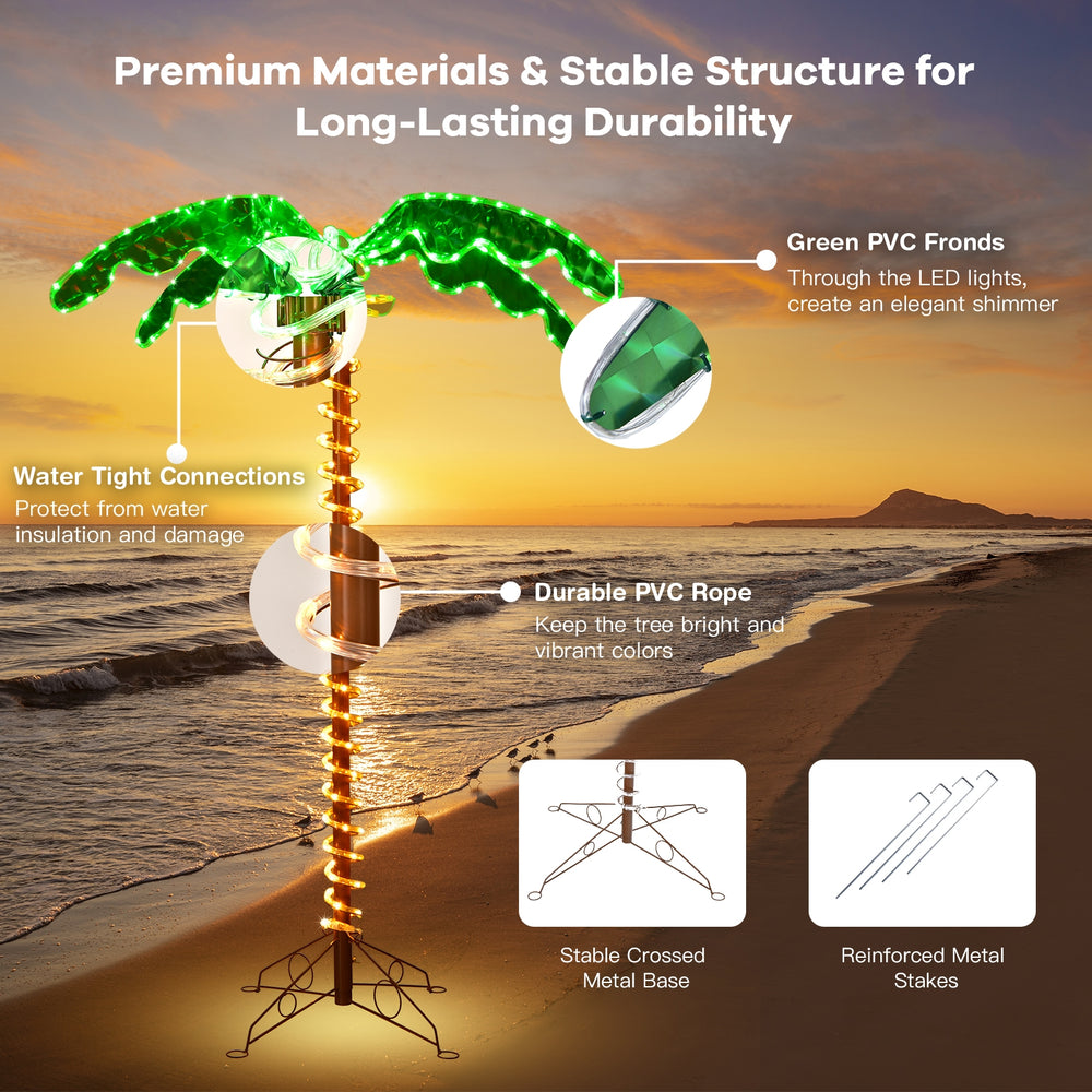 5-foot LED pre-lit palm tree with waterproof PVC fronds and a sturdy metal base, perfect for indoor and outdoor decor.