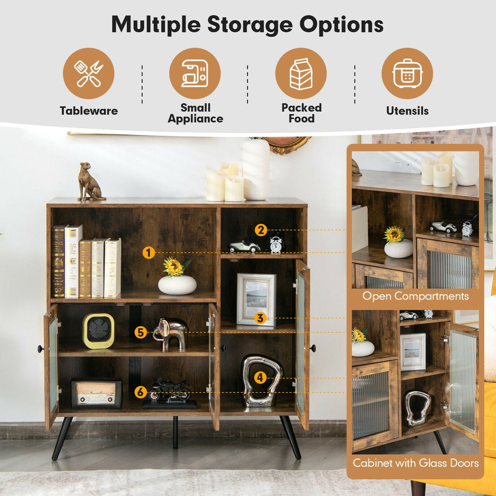 Buffet kitchen storage cupboard in rustic brown with glass doors, featuring 2 open compartments and adjustable shelves.