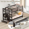 Twin over twin bunk bed in dark brown with rolling trundle, storage shelf, and guardrail for kids' safety.