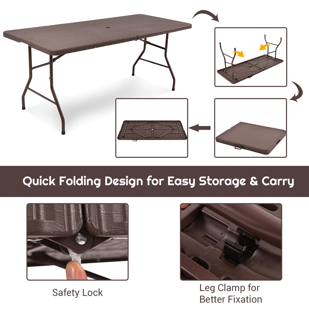 6 feet folding portable rattan table with carrying handle, featuring a smooth surface and space-saving design for easy.
