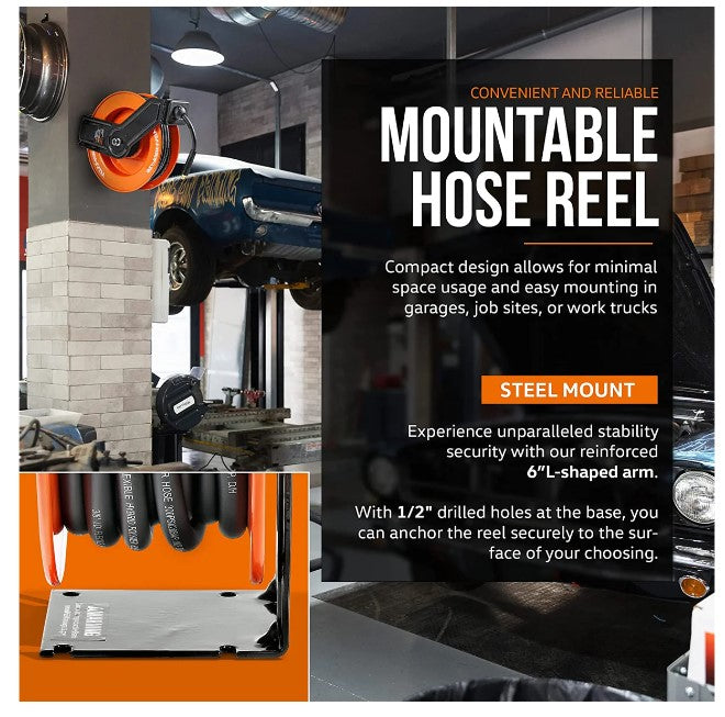 Steel Air Hose Reel - 50' Ft Hose Length, Retractable & Mountable (Upgraded) | SuperHandy