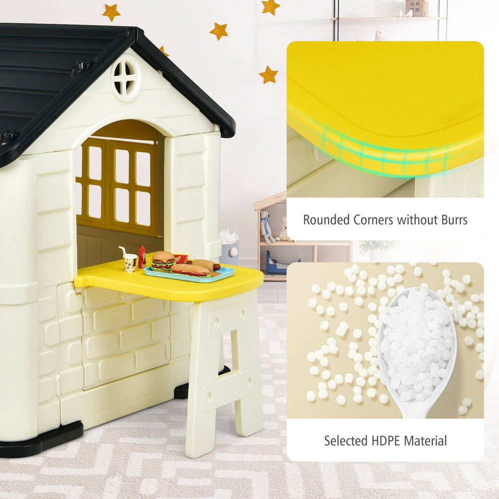 Kid’s playhouse toy set in yellow with rounded corners, made from durable HDPE, perfect for indoor and outdoor fun.