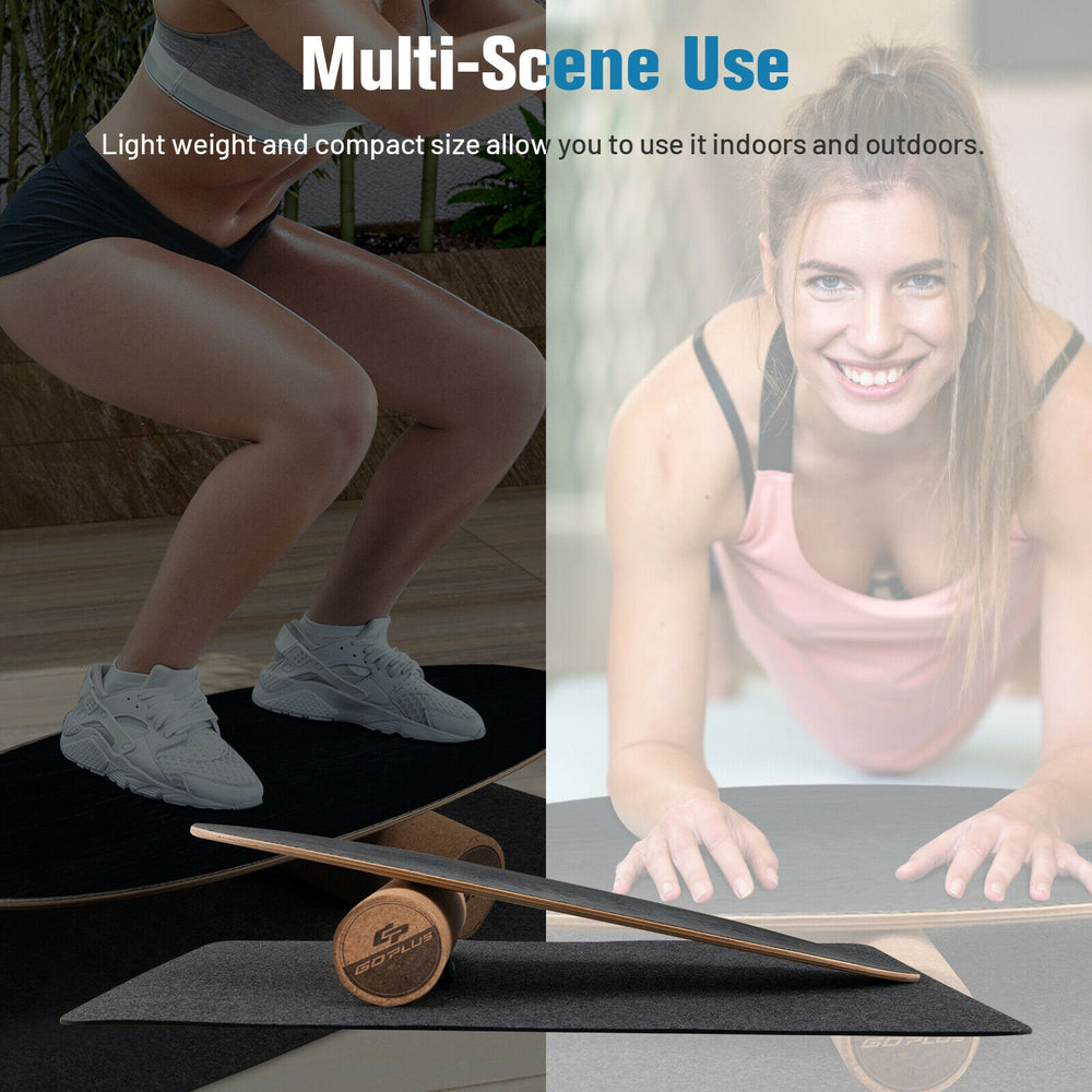 Balance board trainer in black, made of birch and cork wood, ideal for core strength exercises at home or gym.