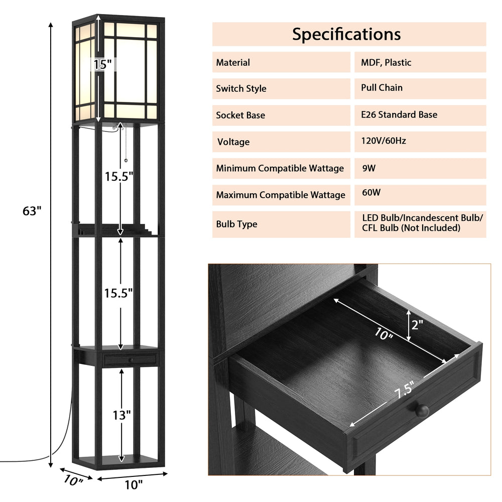 Modern floor lamp with shelves and drawer, featuring a white lampshade, USB ports, and a pull-switch chain for.