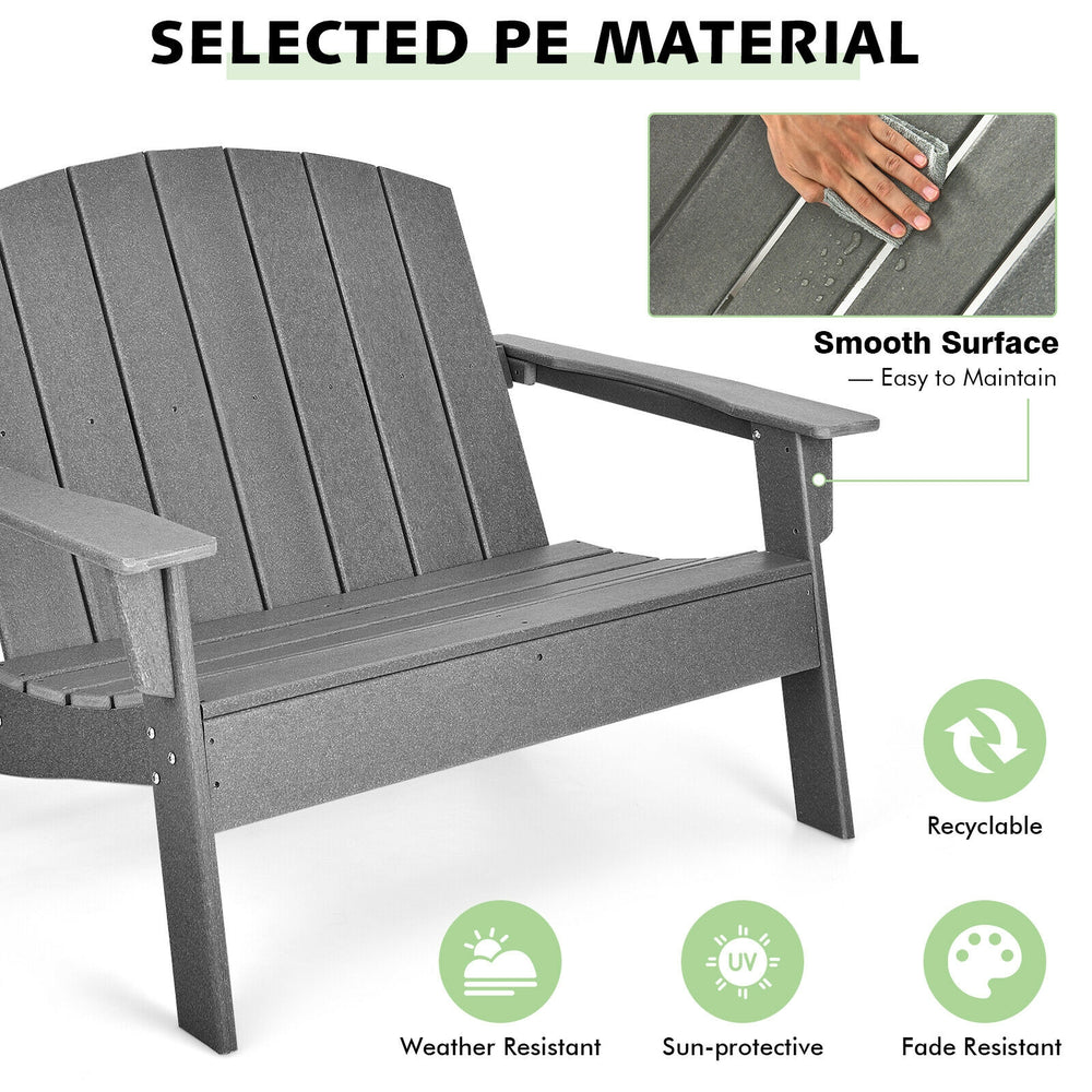 Gray HDPE patio Adirondack chair showcasing smooth surface and ergonomic design, ideal for outdoor relaxation.
