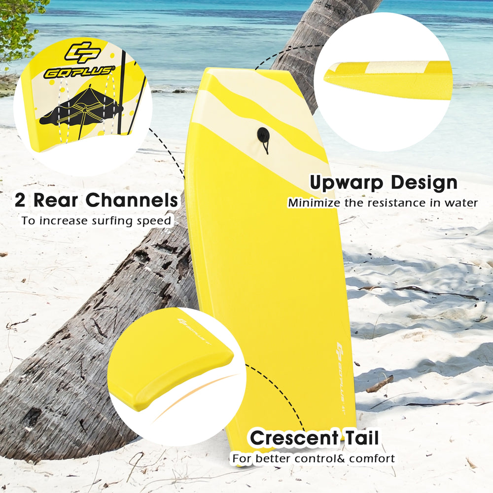 Lightweight yellow bodyboard with EPS core, crescent tail, and rear channels for enhanced surfing performance.