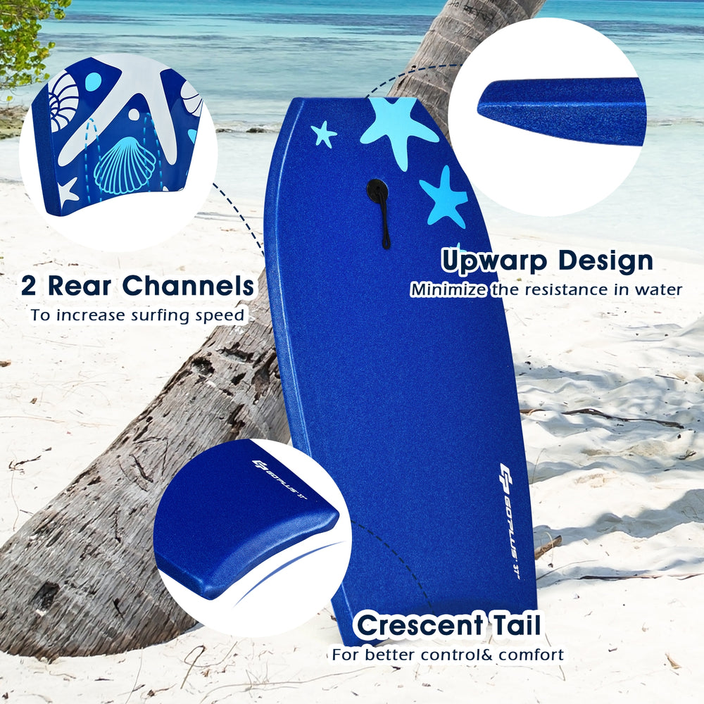 41-inch lightweight bodyboard with crescent tail, EPS core, and rear channels for enhanced surfing performance.
