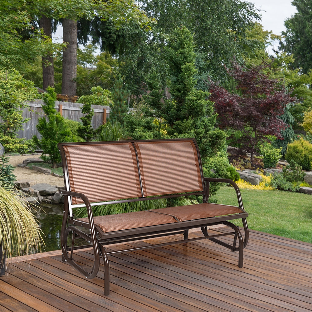 Brown swing glider chair featuring a sturdy steel frame and gentle gliding motion, perfect for backyard lounging.