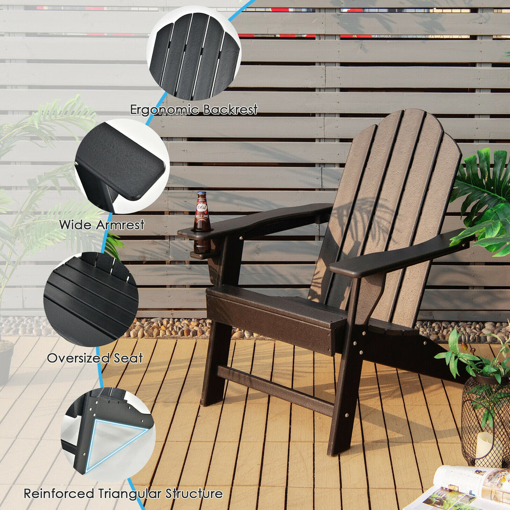Outdoor Adirondack chair in black with ergonomic backrest, wide armrest, and built-in cup holder for backyard.