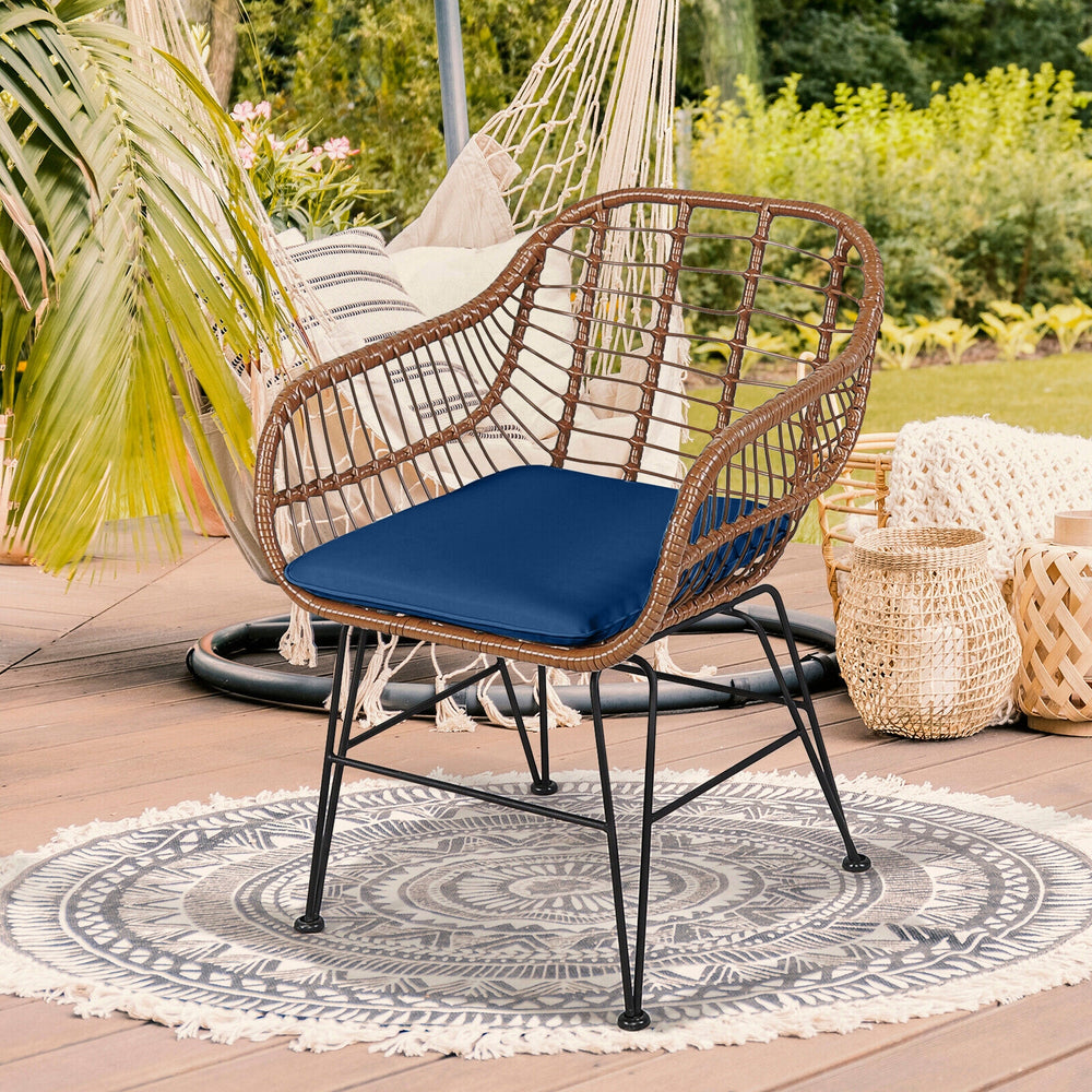 Navy cushion patio rattan armchair with iron frame, perfect for outdoor relaxation on the balcony or garden.