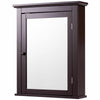 Wall-mounted bathroom mirror medicine cabinet in dark finish with magnetic lock and two-tier storage for space-saving.