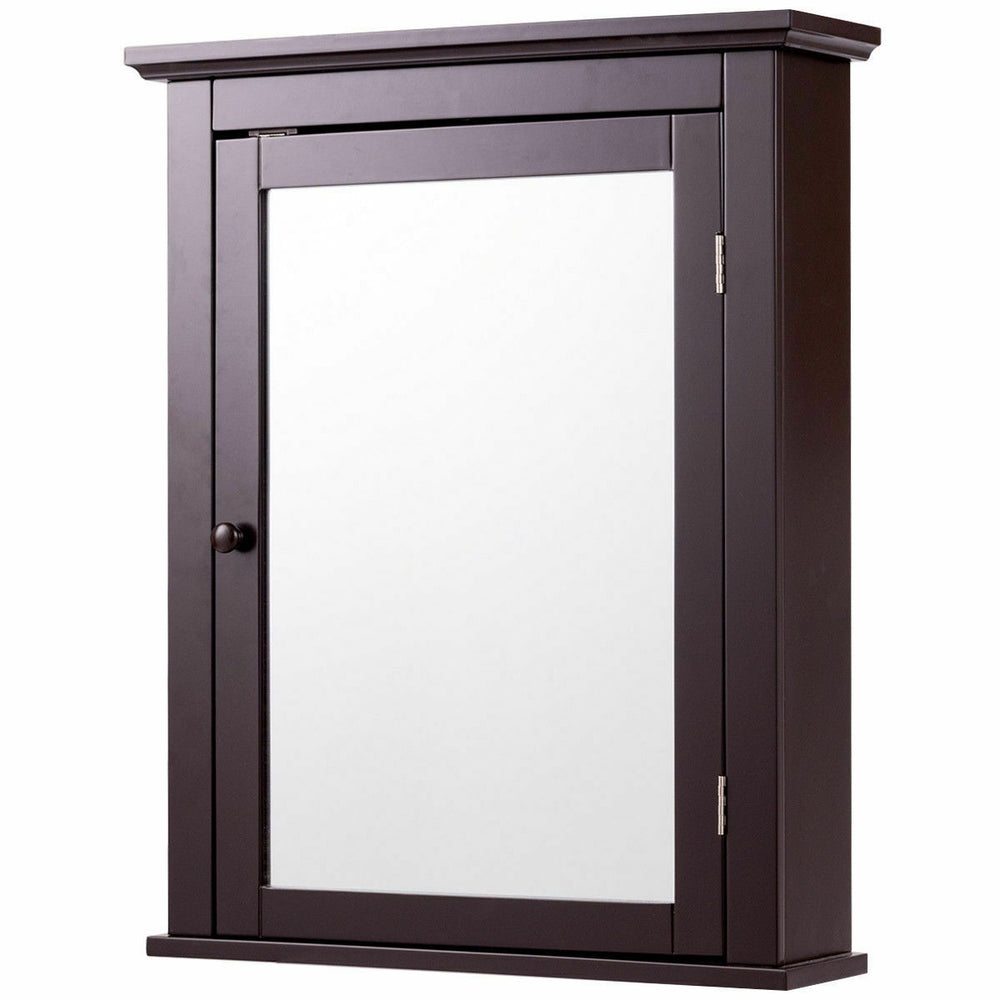 Wall-mounted bathroom mirror medicine cabinet in dark finish with magnetic lock and two-tier storage for space-saving.